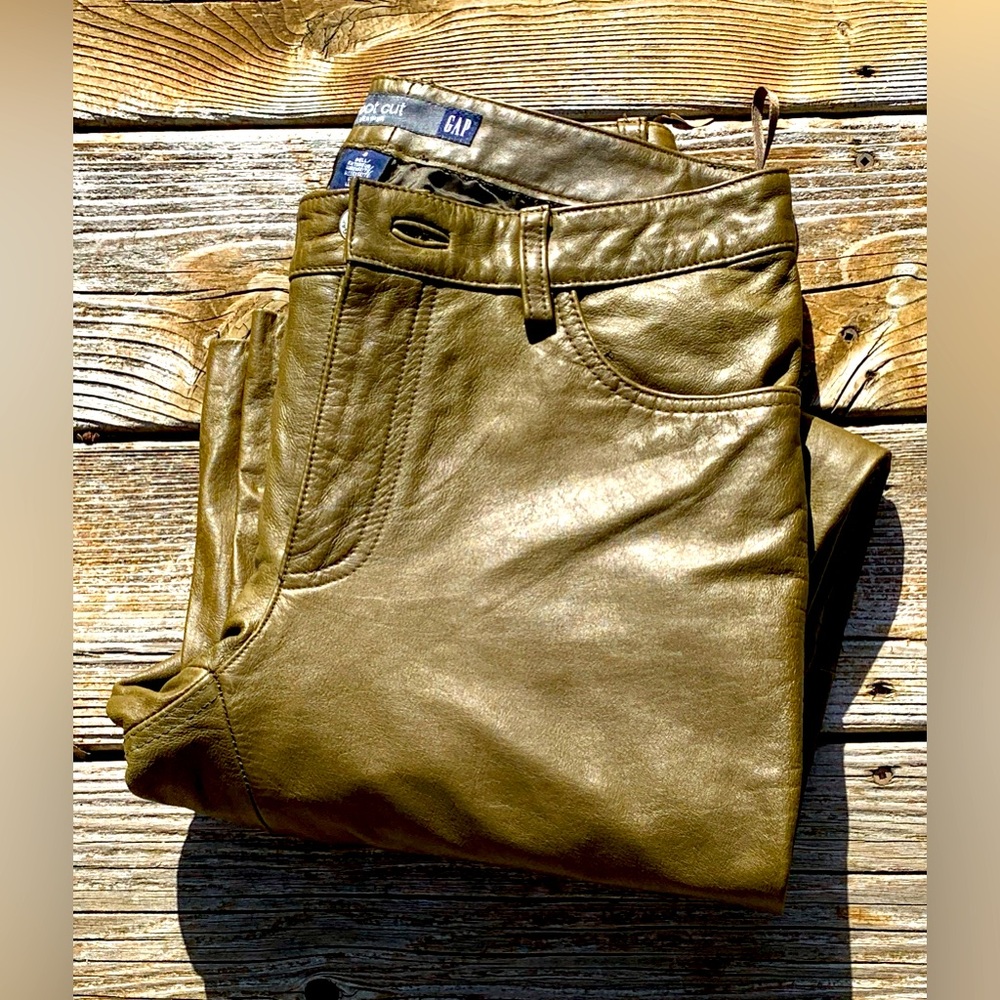GAP Sz 4 Bootcut Olive Green Vintage Leather Pants Fully Lined 5 Pockets Zip Fly